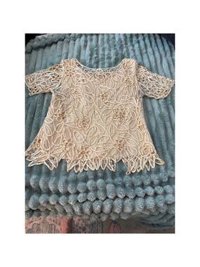 SilkenPoetry 100% Silk Handcrafted Beige Floral Lace Top Size M